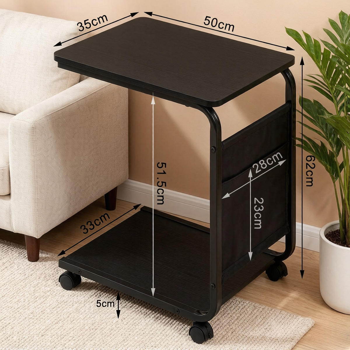 BEISTELLTISCH DE-37250 C-Form mit 2 Regalen und Tasche Schwarz - Schwarz, Metall (50/35/62cm) - ComfortXL