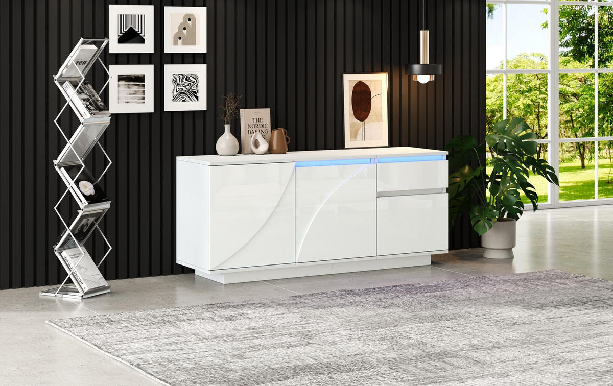 SIDEBOARD aus MDF 140x40x60 cm Weiß mit LED-Beleuchtung, 3 Türen, 1 Schublade und verstellbaren Einlegeböden - Weiß, Holzwerkstoff (140/60/40cm) - Modfu