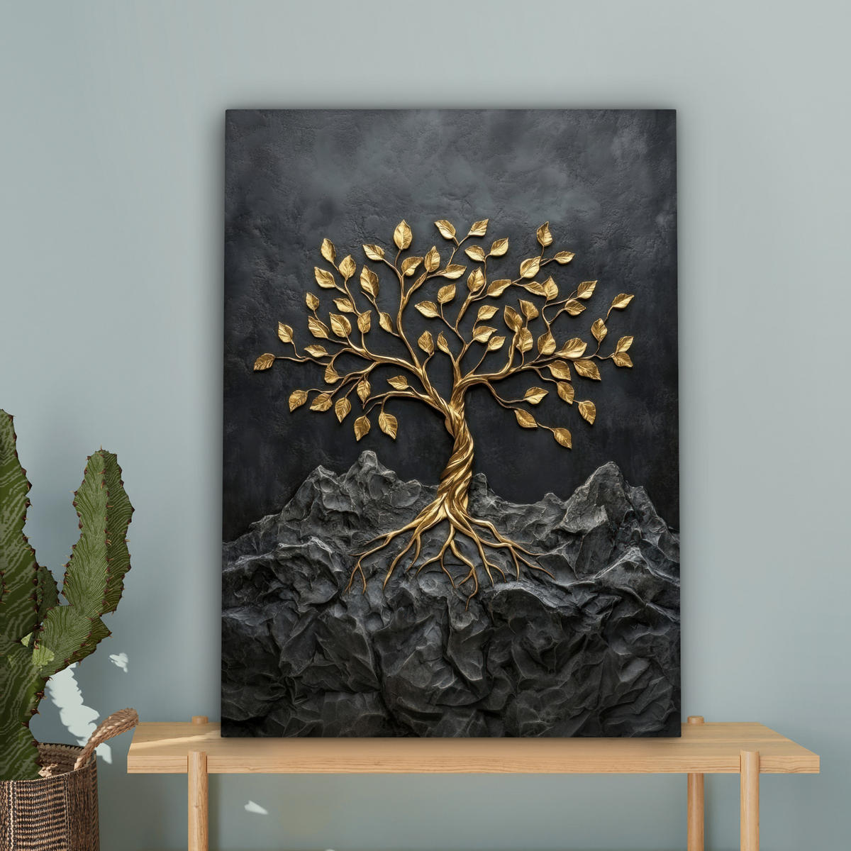 LEINWANDBILD Blätter - Gold - Baum - Fels Wandbild Wohnzimmer 60x80 cm - Schwarz, Textil (60/80cm) - MuchoWow