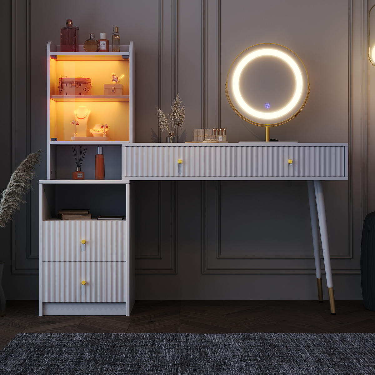 SCHMINKTISCH Weiß LED Spiegel 4 Schubladen 100x40x125cm - Weiß, Holzwerkstoff (40/125/100cm) - FLIEKS