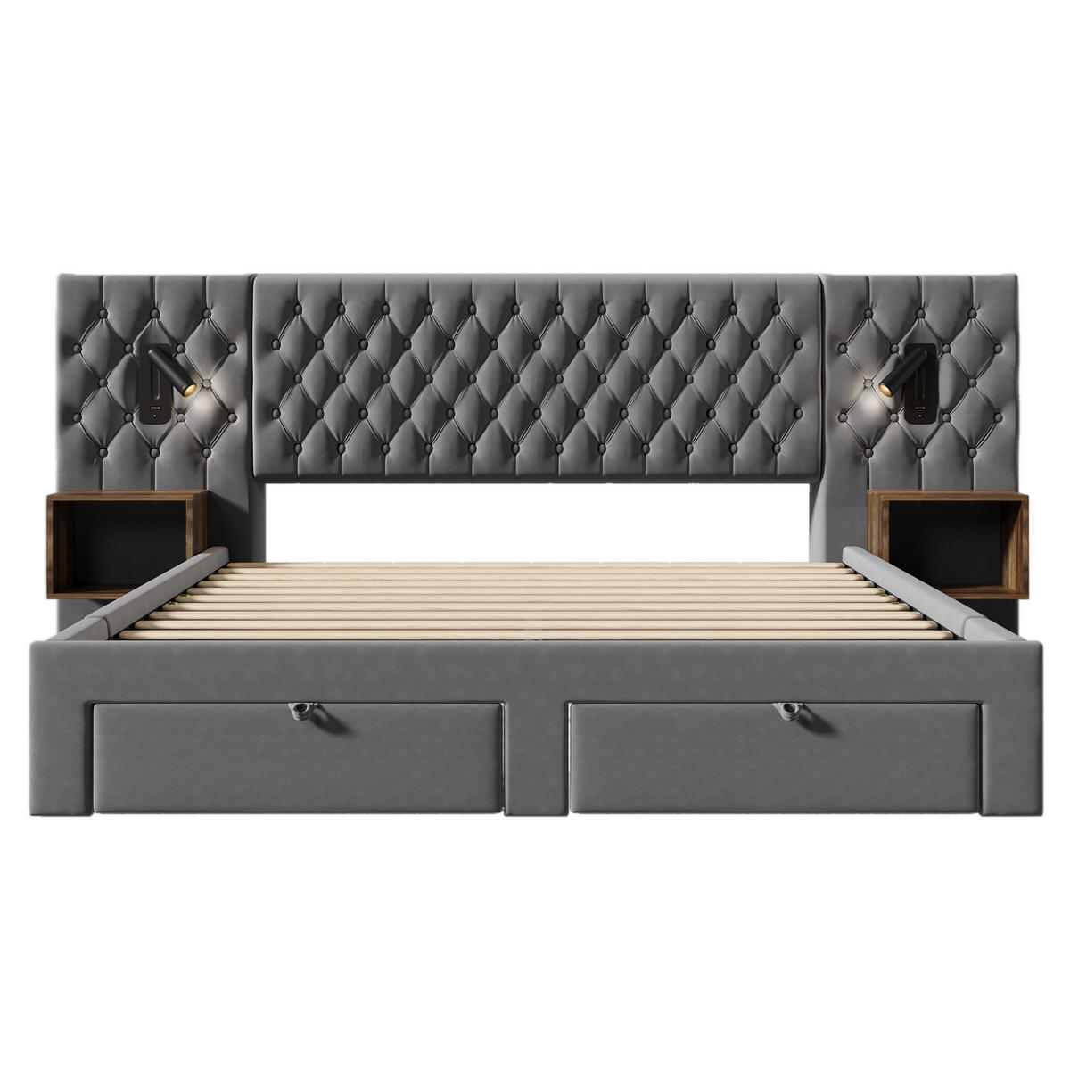 POLSTERBETT aus Samt 180x200 cm Grau mit 4 Schubladen, Nachttischen, Leselampen und USB-C - Grau, Textil (180/200cm) - IVMEU