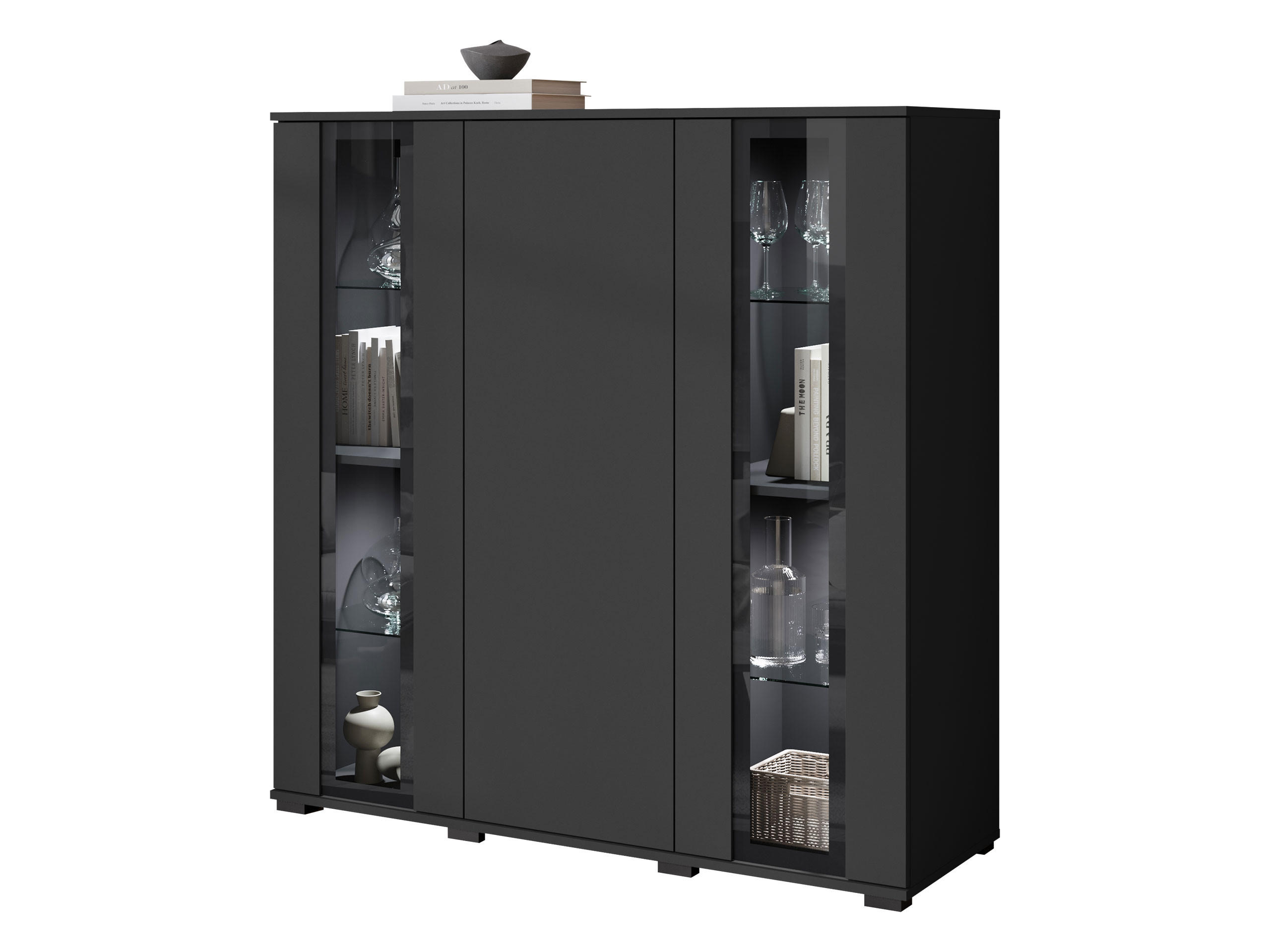 KOMMODE Caro HB 120 mit weißer LED Beleuchtung - Schwarz, Holzwerkstoff/Kunststoff (120/122/40cm) - MIRJAN24