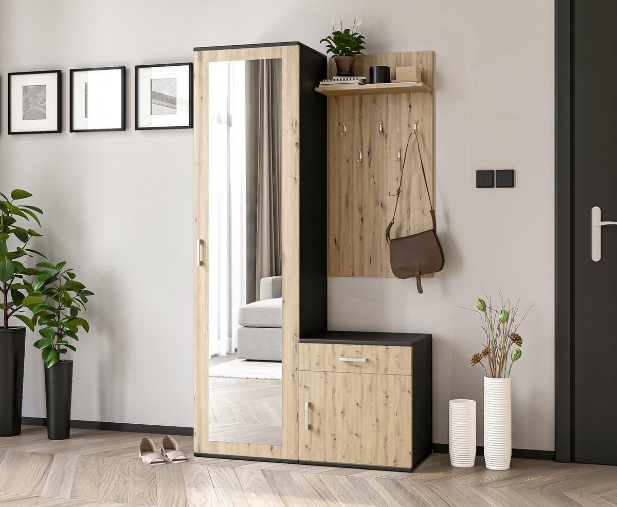 GARDEROBENSCHRANK Magnola Schwarz Artisan 100/180,5/35 cm – Modern, mit Spiegel und viel Stauraum - Hellbraun/Schwarz, Holzwerkstoff/Kunststoff (100/180.5/35cm) - AX Living