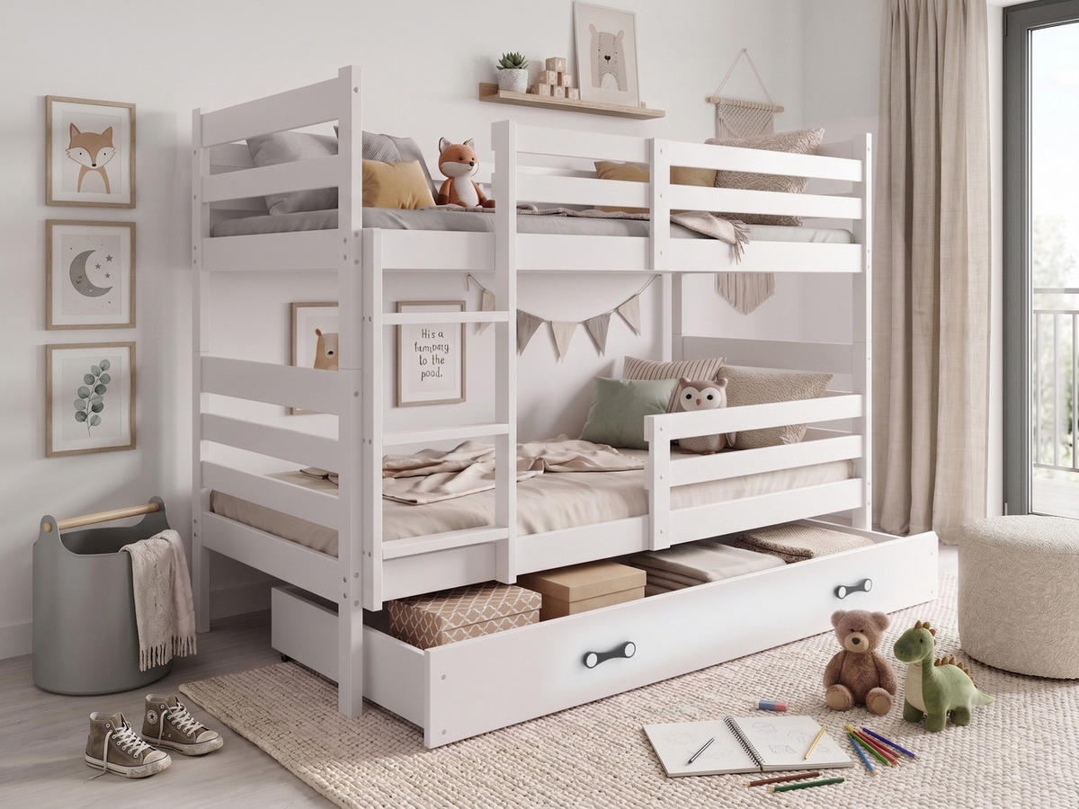 ETAGENBETT ERYK 90/190 cm, weiß, aus massivem Kiefernholz, mit Schublade, ohne Matratzen - Weiß, Holz - Interbeds