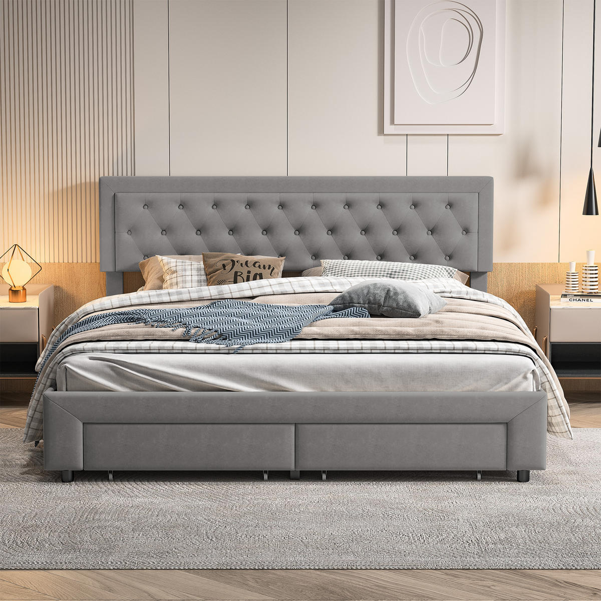 POLSTERBETT 180/200 cm grau Samt Stauraum Knopfheftung modern - Grau, Holz