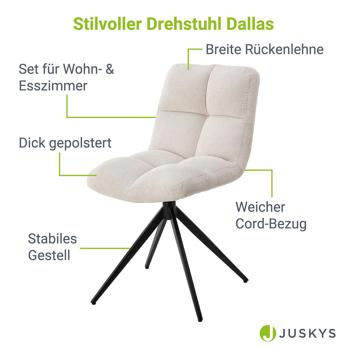 DREHSTUHL Dallas cord beige (2er-Set) - Beige, Textil (45/84/45cm) - Juskys