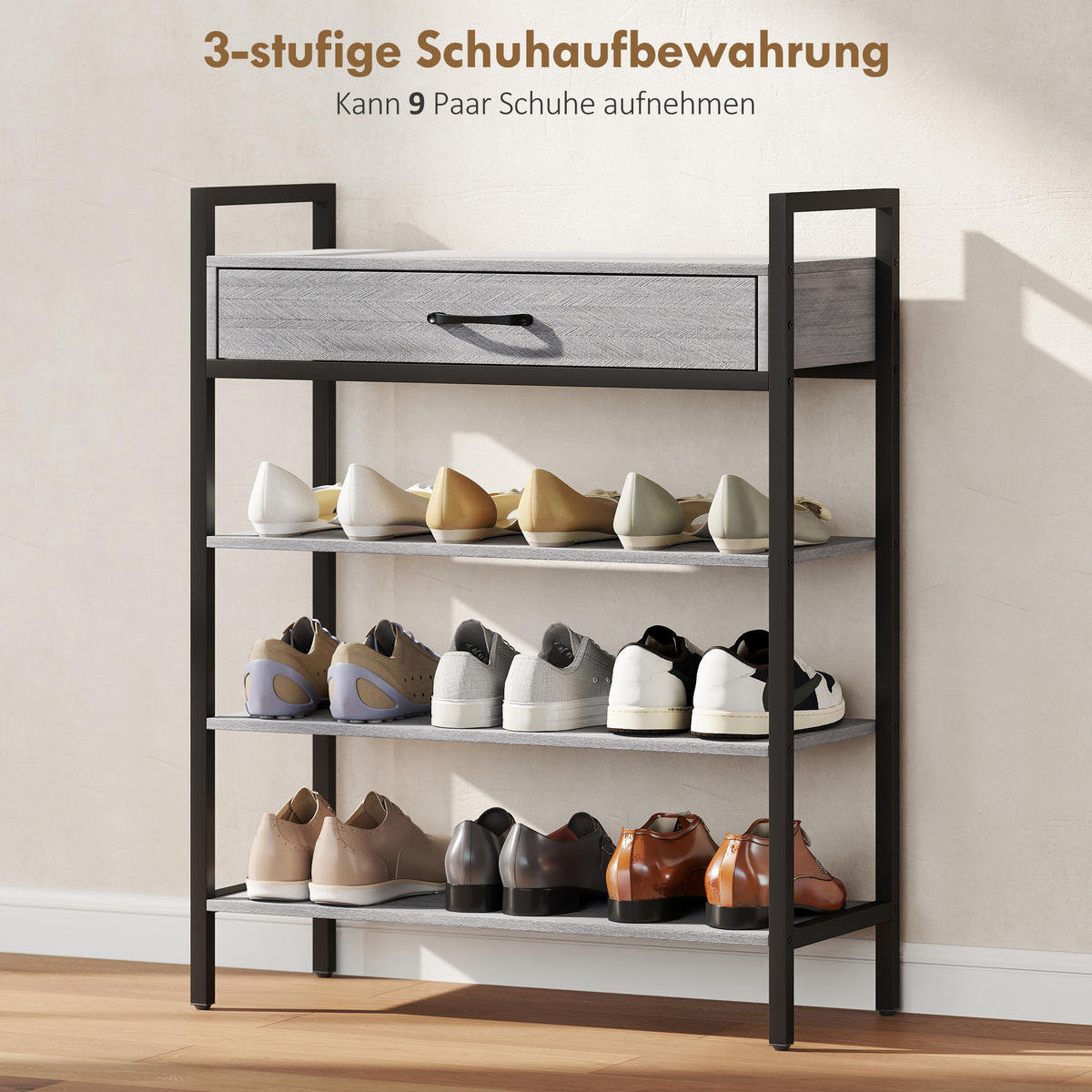 SCHUHREGAL 4 Ebenen Wandgarderobe mit Ablage 5 Haken und Stange gepolstert - Schwarz/Grau, Holzwerkstoff/Metall (30/87.6/70cm)