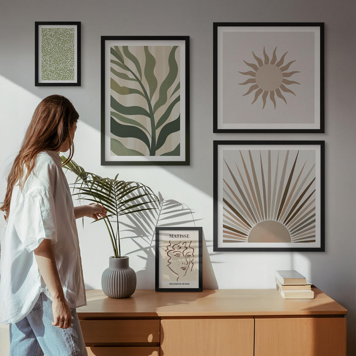 WANDBILDER 5er-Set - 50x50 cm & 20x30 cm & 40x60 cm Schwarzer Rahmen - Abstrakte Pflanzenmuster - Schwarz, Kunststoff (40/60cm) - ArtPrintCave