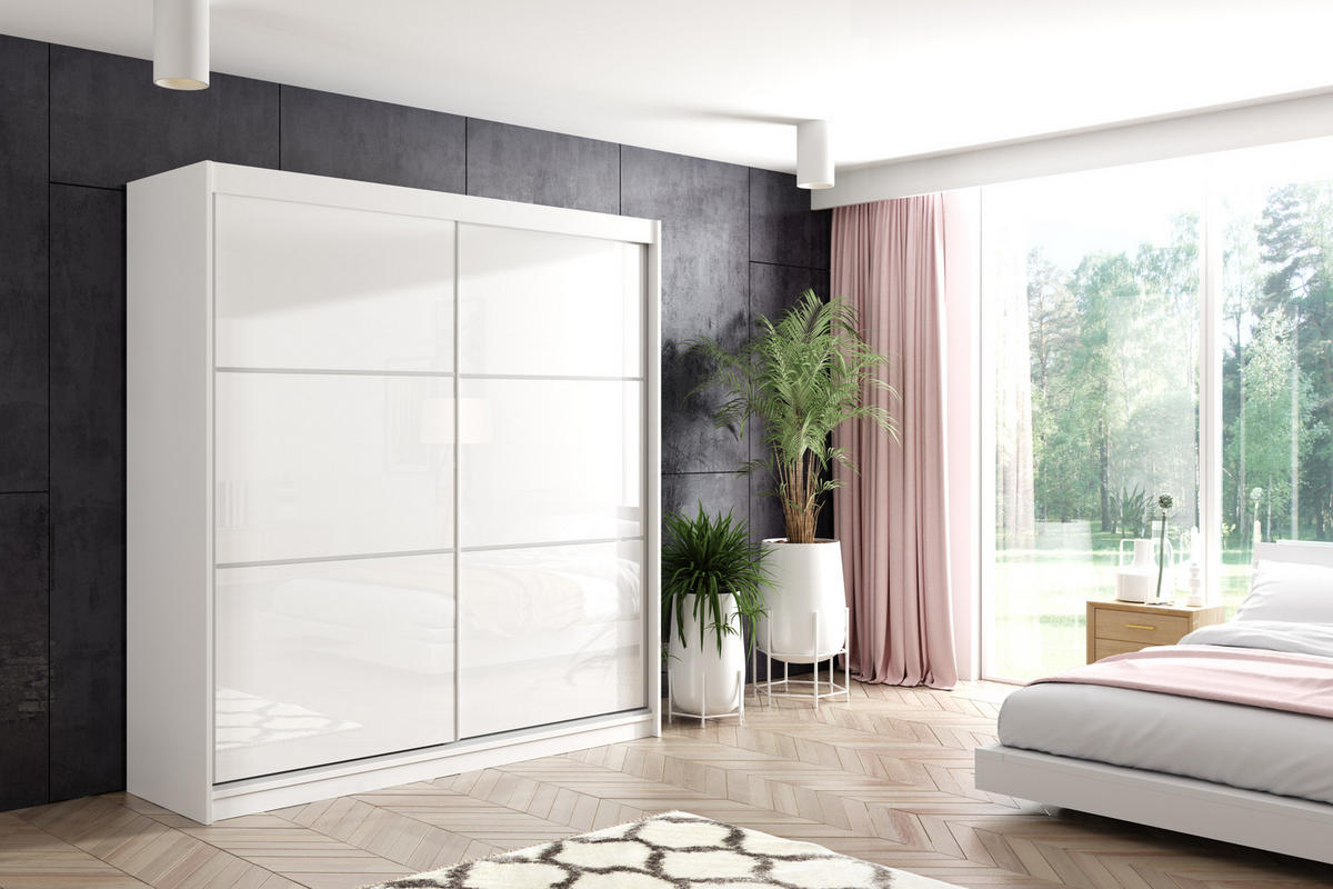KLEIDERSCHRANK mit Lacobel-Schiebetüren und Aluminium-Leisten - VIVONA - 200 cm Weiß - Weiß, Holzwerkstoff (200/216/61cm) - ALTDECOR