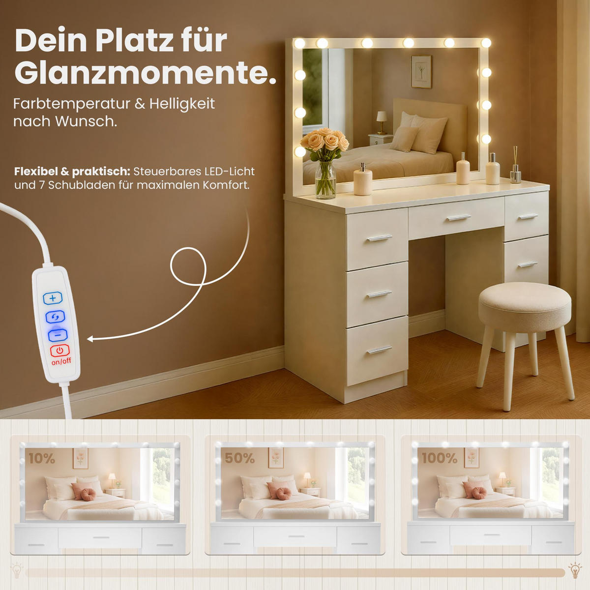 SCHMINKTISCH eckig 110/40/135 cm Holz Weiß - Weiß, Holz (110/135/40cm) - CLP