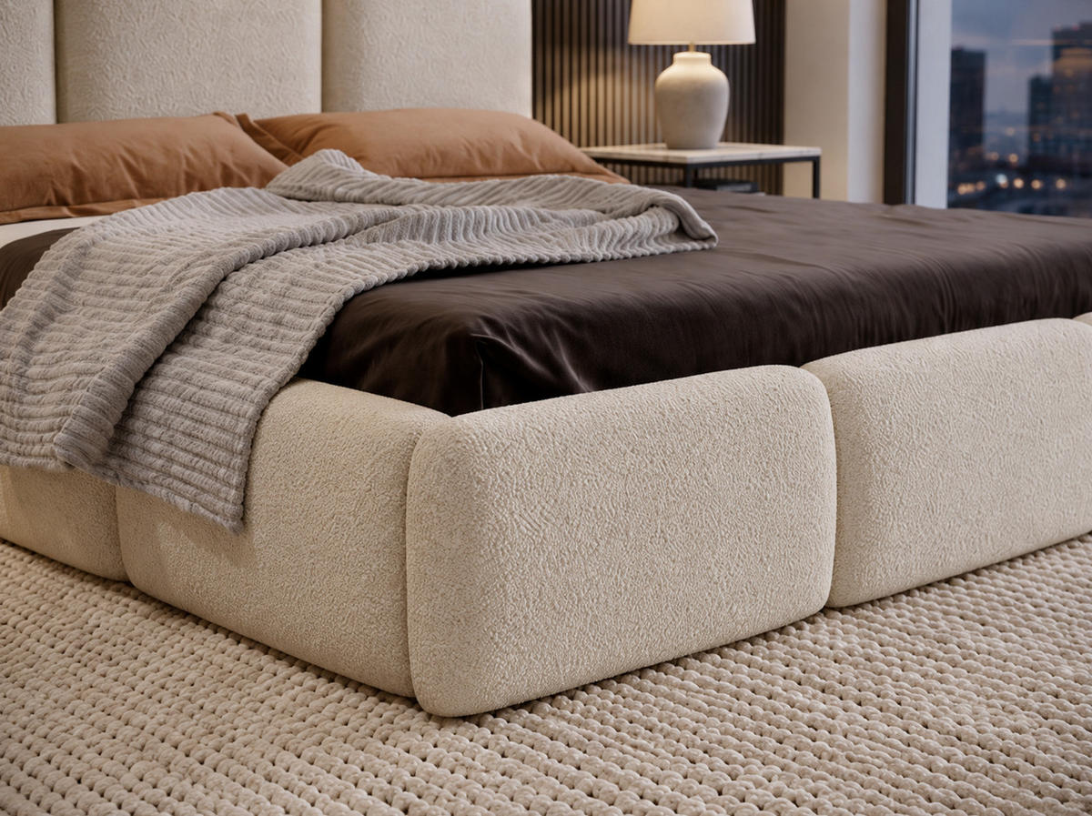 POLSTERBETT VARDO 180x200 cm mit Bettkasten, Stauraum und Metall-Lattenrost – Bouclé Stoff Hellgrau - Hellgrau/Schwarz, Textil/Metall (180/200cm) - Luxkor24