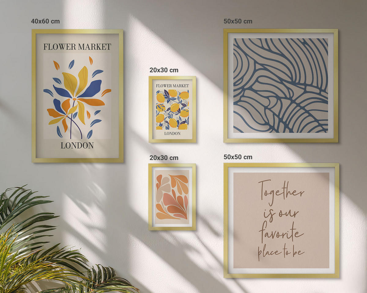 WANDBILDER 5er Set - 50x50 cm & 20x30 cm & 40x60 cm Goldrahmen - Moderne abstrakte Blumen - Goldfarben, Kunststoff (40/60cm) - ArtPrintCave