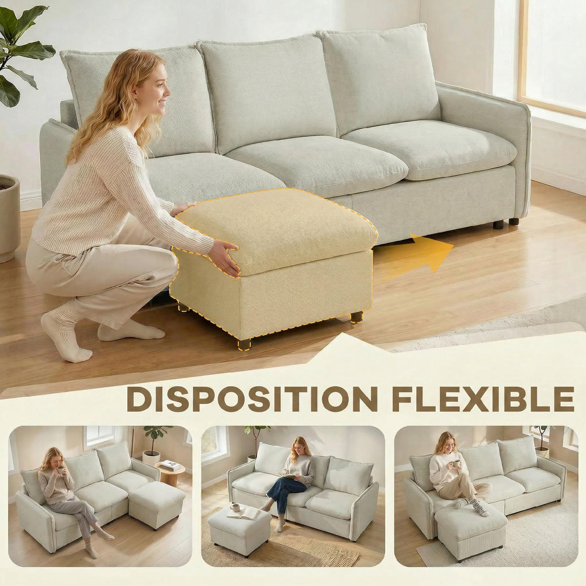 SOFA, 3-Sitzer, Stauraumhocker, Ecksofa, Federkernkissen, Leinen, creme - Multicolor, Holzwerkstoff (212/84/125cm) - FORIOUS