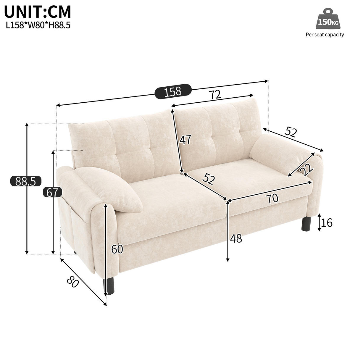 2-SITZER Sofa Chenille mit Seitentaschen und 2 Kissen 158/80/88,5 cm Beige - Beige, Textil (80/88.5/158cm) - Redom