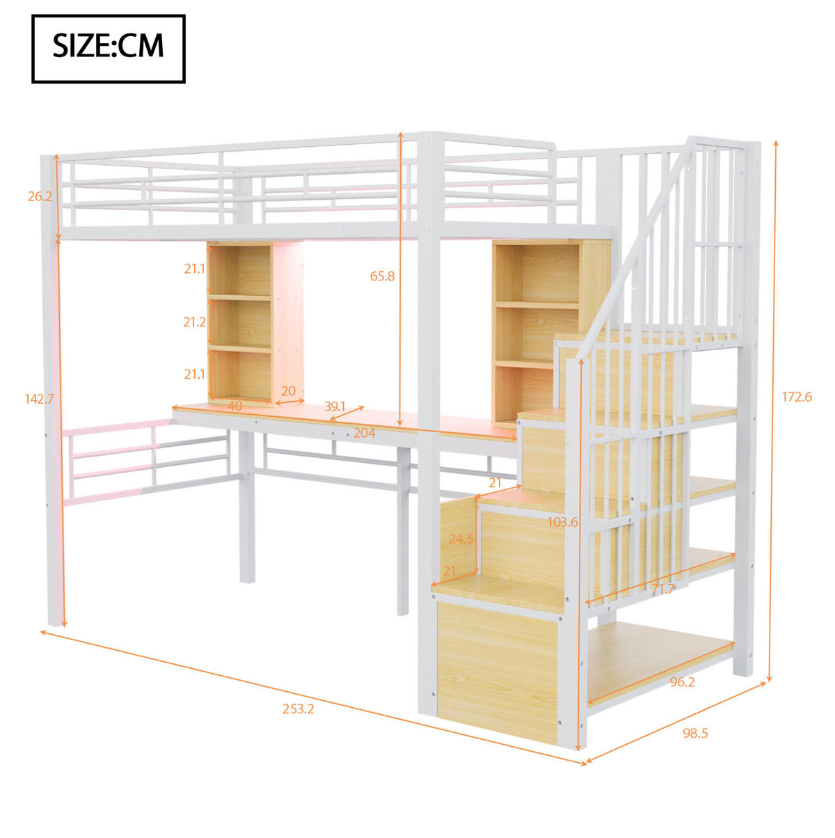HOCHBETT 90/200 cm aus Metall und MDF mit Schreibtisch, LED und Stauraumtreppe Weiß - Weiß, Holzwerkstoff (90/200cm) - Modenvie