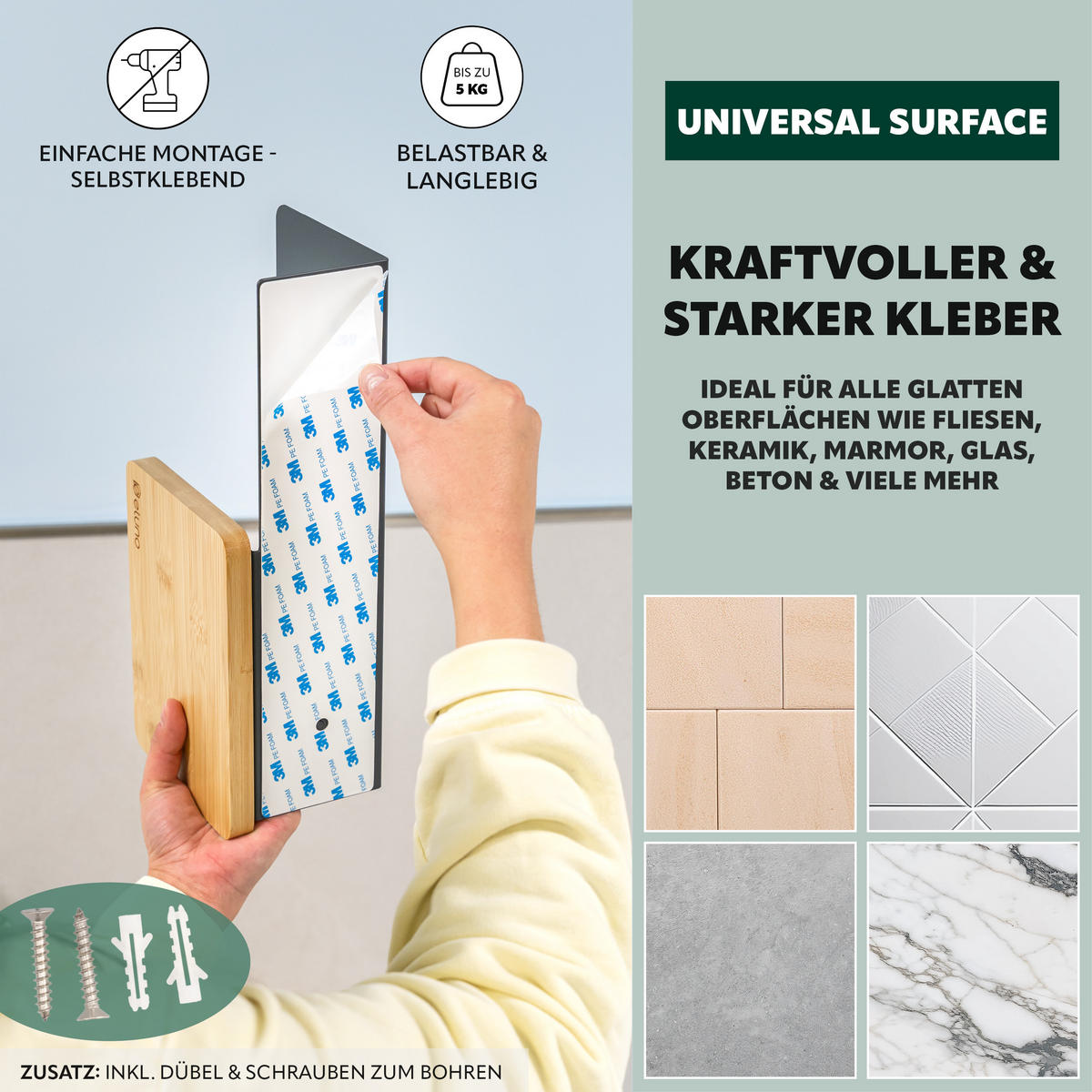 TOILETTENPAPIERHALTER VARAZ mit 2 Ablagen, Metall und Bambus - Grau, Metall (31.5/9.5/13cm) - eluno