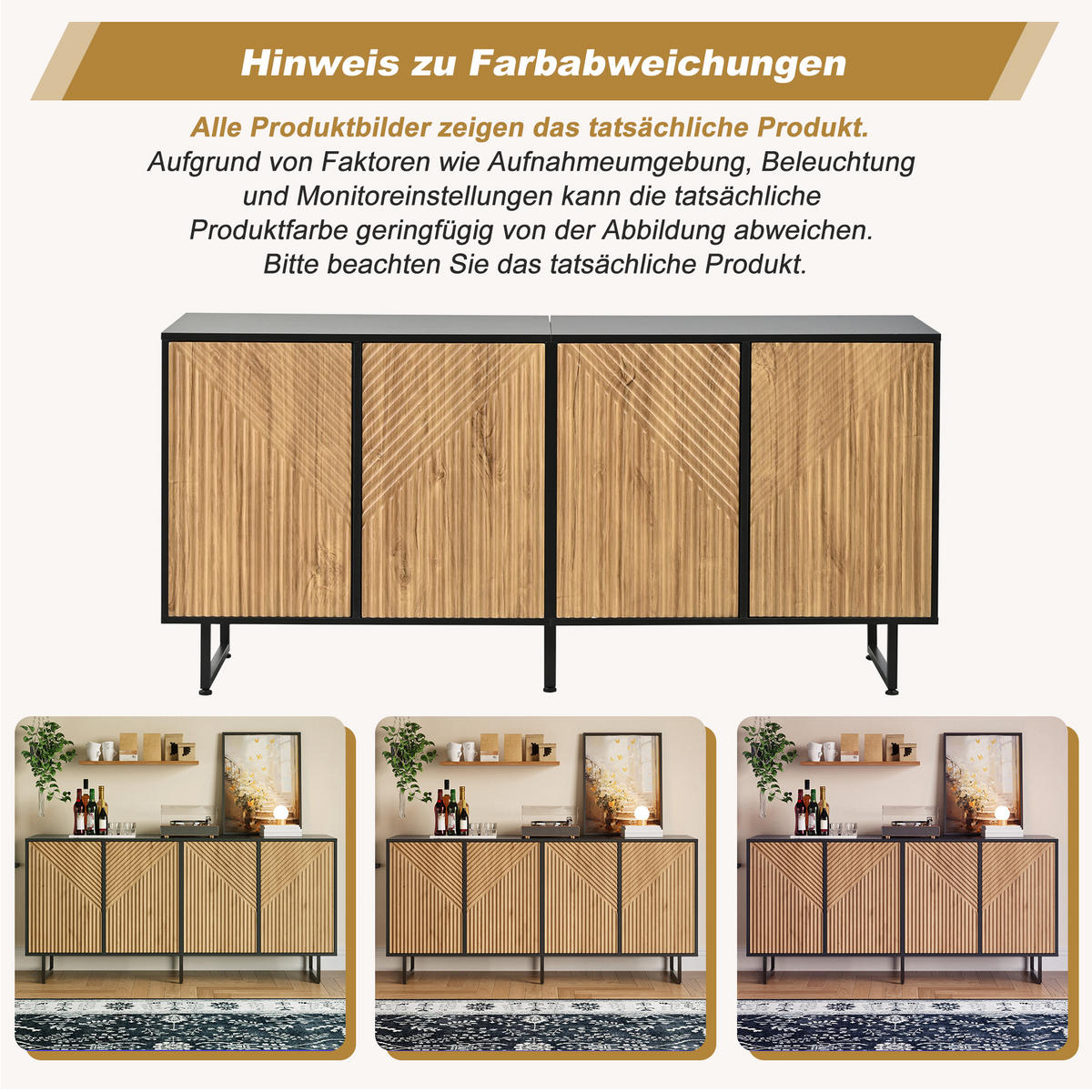 SIDEBOARD Holz Schwarz 4 Türen 160x40x75cm Vakuumform Stauraum - Naturfarben, Holzwerkstoff (40/75/160cm) - FLIEKS