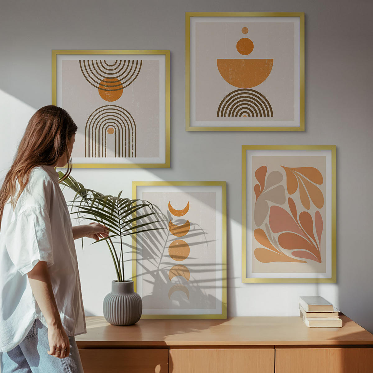 BILDER SET 4er Set - 50x50 cm & 40x60 cm Goldrahmen - Abstrakte orange Formen - Goldfarben, Kunststoff (50/50cm) - TULUP