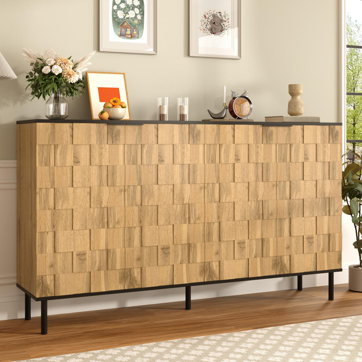 SIDEBOARD 160/35/80,5 cm mit 2 Türen in Natur/Schwarz & Mosaikfronten - Naturfarben, Holzwerkstoff (160/80/35cm) - BEAOK