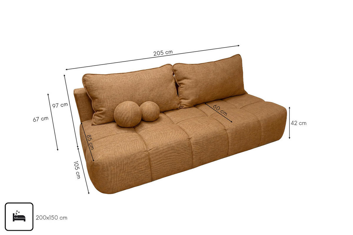 POHOVKA S funkcí spaní A úložným prostorem, strukturovaná látka Verita, Měděná, COCO - měděná, dřevo (205/97/105cm) - Kaiser Möbel