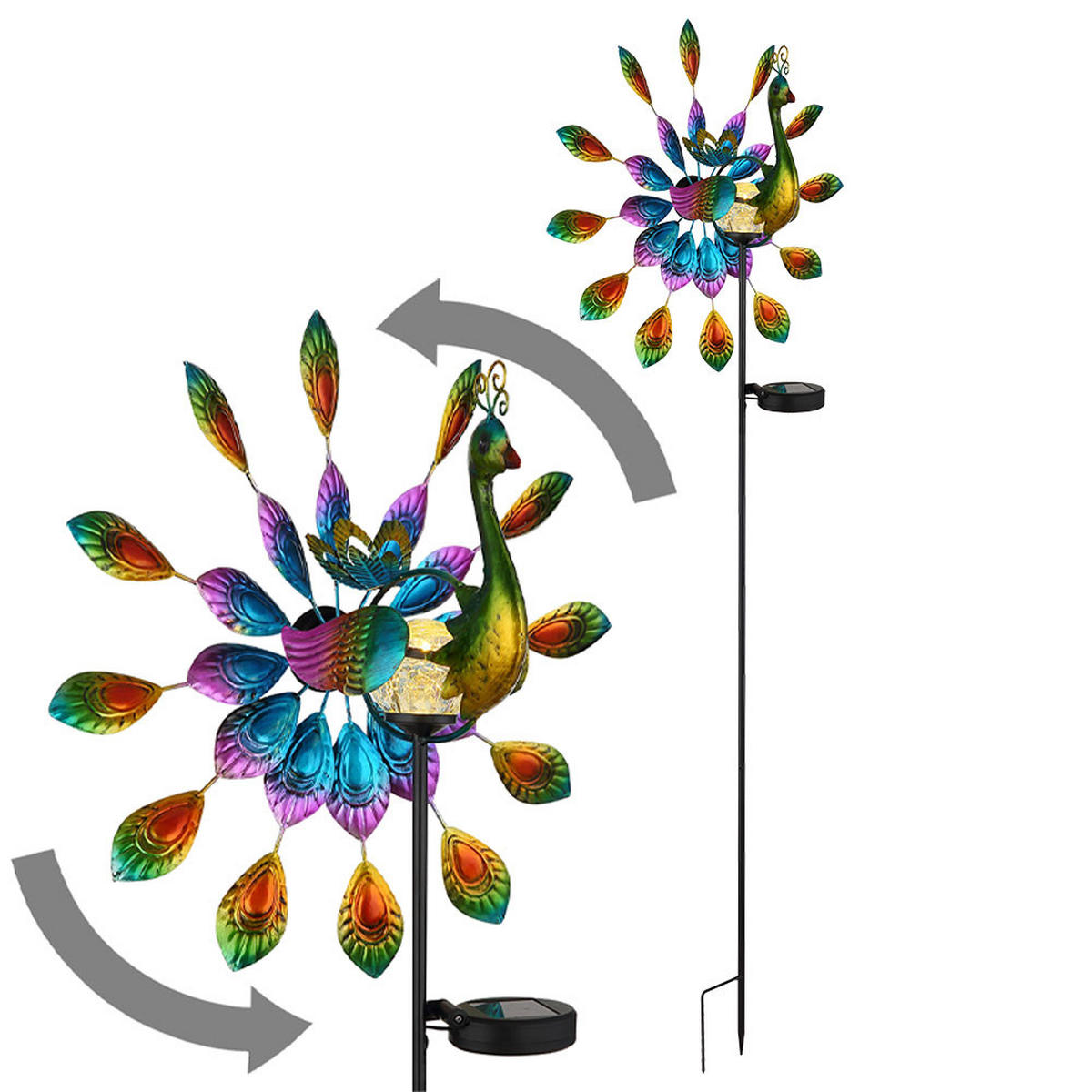 SOLARLEUCHTE LED, bunt, Pfau-Design, Erdspitz, 2er Set - Multicolor, Metall (38/25/120cm) - Globo Lighting