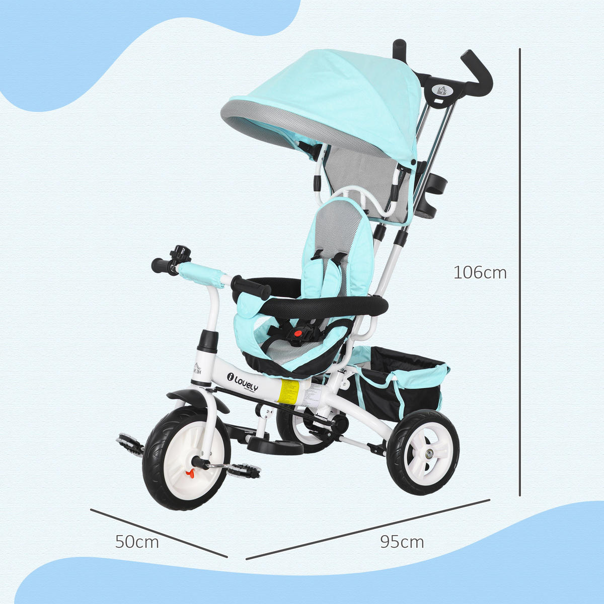 6-IN-1 Dreirad mit Schubstange, Kinderdreirad mit abnehmbarem Sonnendach Grün - Grün, Metall (95/50/106cm) - HOMCOM