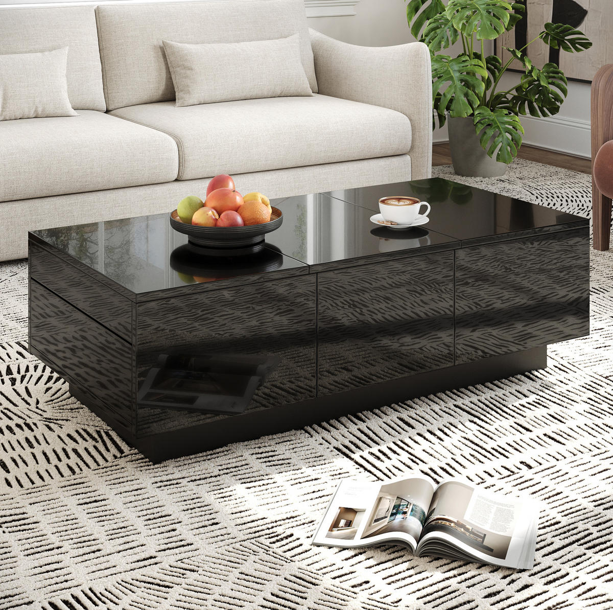 COUCHTISCH aus Spanplatte 100x31x50 cm Schwarz mit Schiebefächern und Schubladen, pflegeleichte Hochglanz-Oberfläche - Schwarz, Holzwerkstoff (100/50/23.5cm) - Modfu