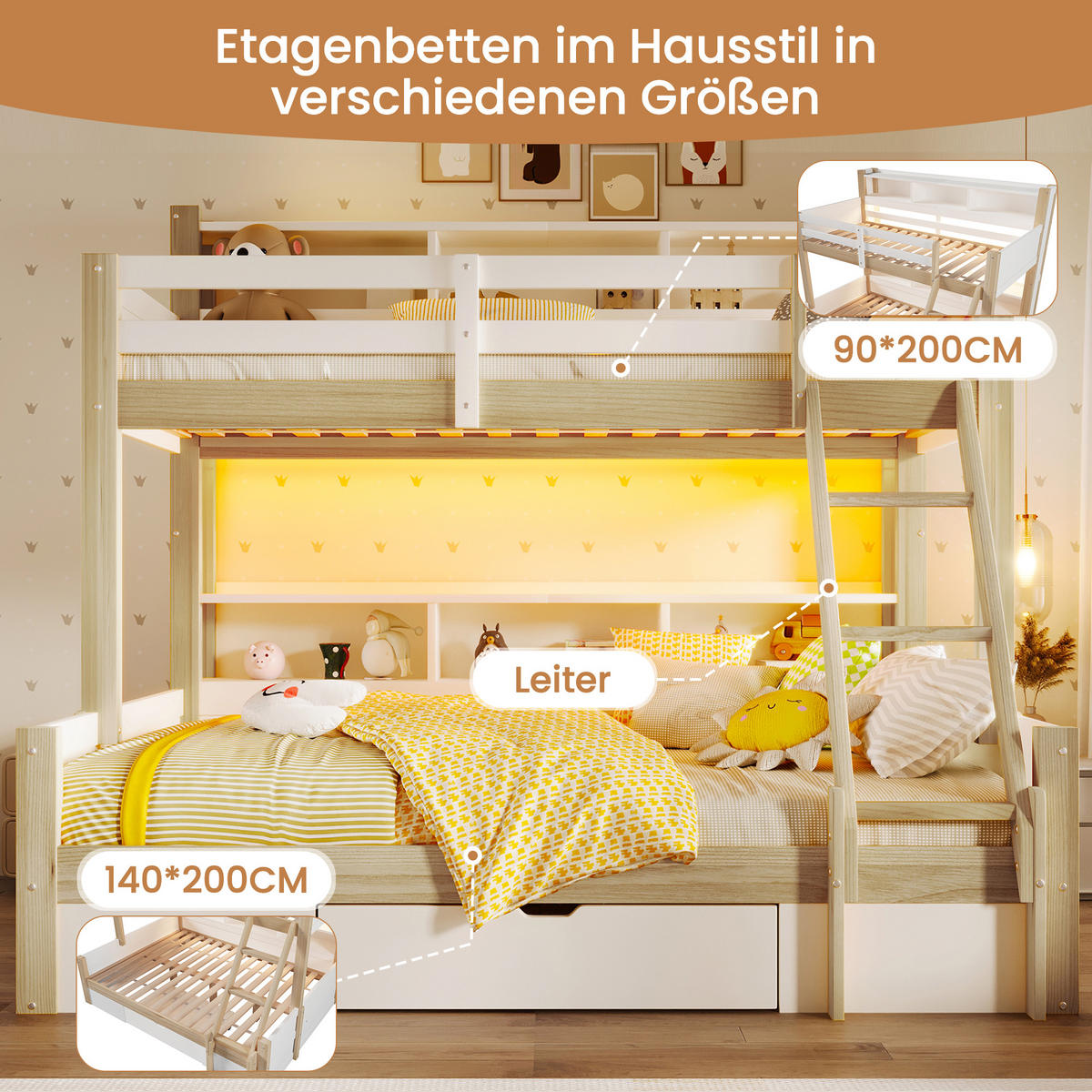 ETAGENBETT 90/200 cm Weiß + Natur mit 1 Schublade, LED-Lichtleiste und Ablagefächern - Naturfarben, Holz (90/200cm) - Oxeza