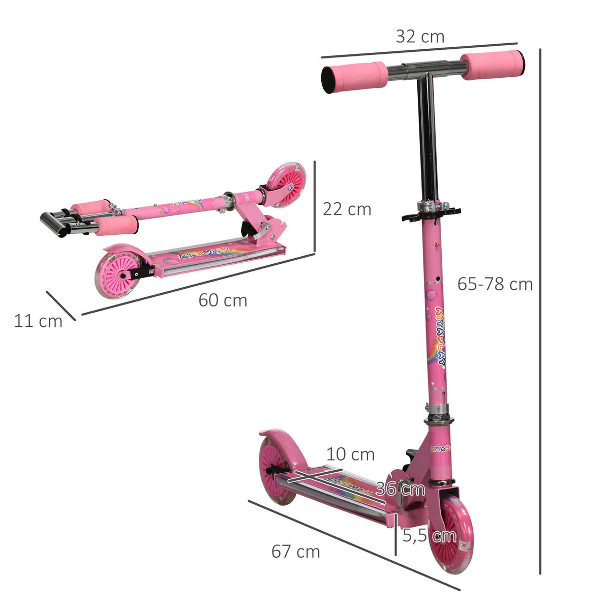 KINDERSCOOTER DE-16943 klappbar mit LED-Rädern & Musik Rosa - Pink, Metall (67/32/78cm) - ComfortXL