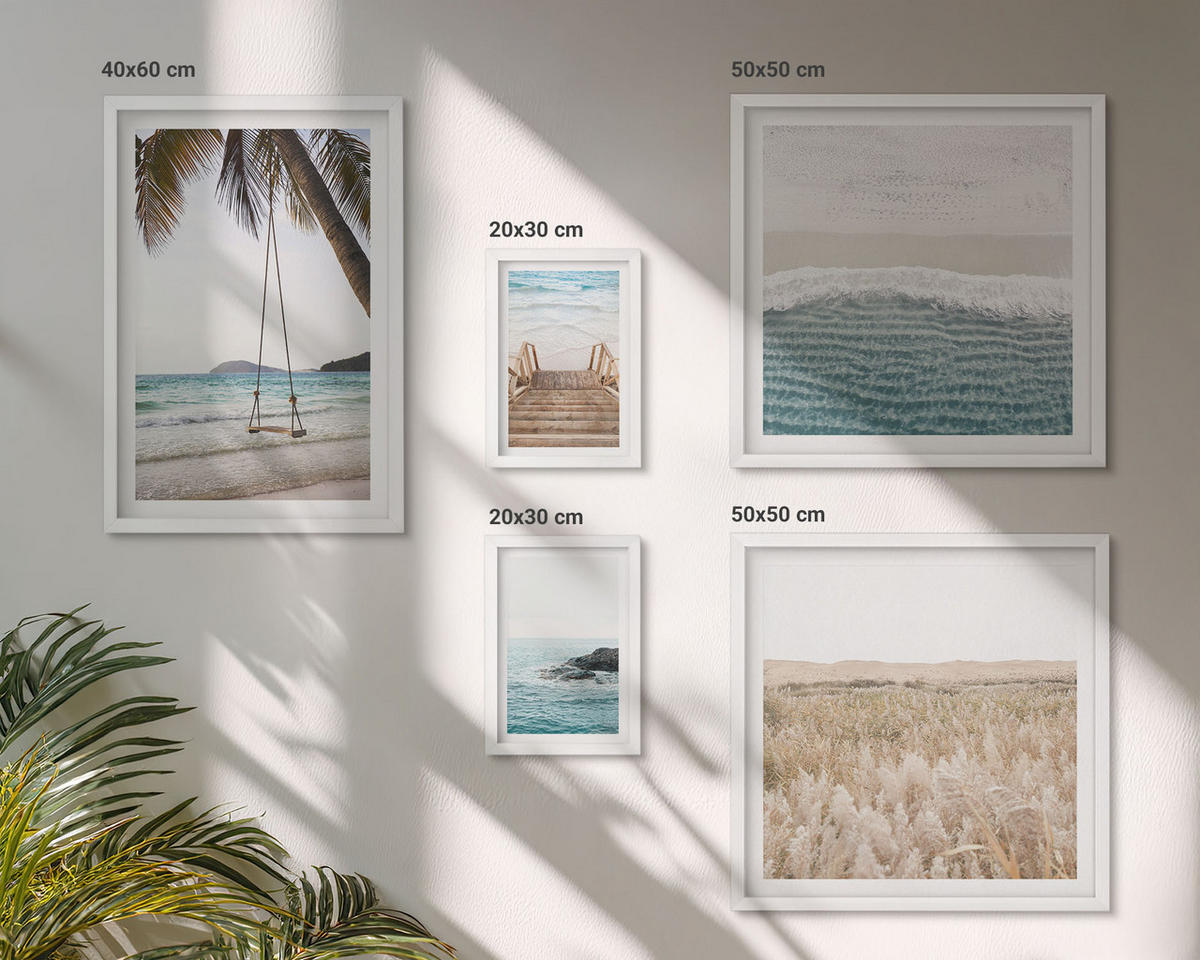 WANDBILDER 5er-Set - 50x50 cm & 20x30 cm & 40x60 cm Weißer Rahmen - Treppe, Strand, Meerblick, Schaukel - Weiß, Kunststoff (40/60cm) - ArtPrintCave