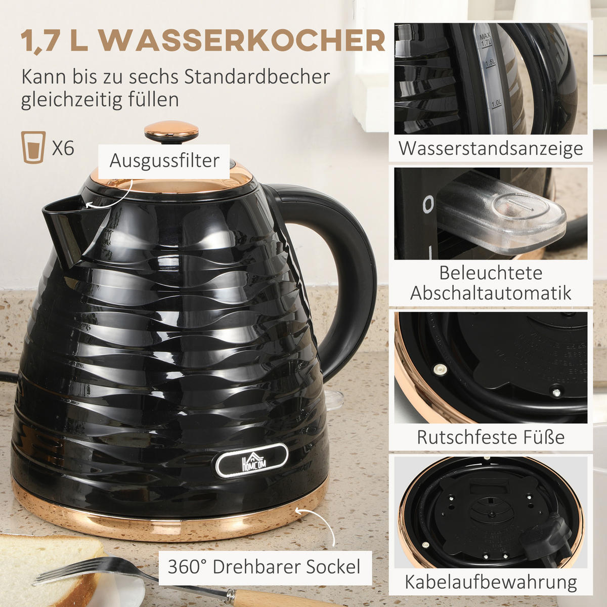 WASSERKOCHER-SET 2-TLG. aus Kunststoff, Stahl Schwarz - Schwarz, Kunststoff (19.5/23.2/24.1cm) - HOMCOM