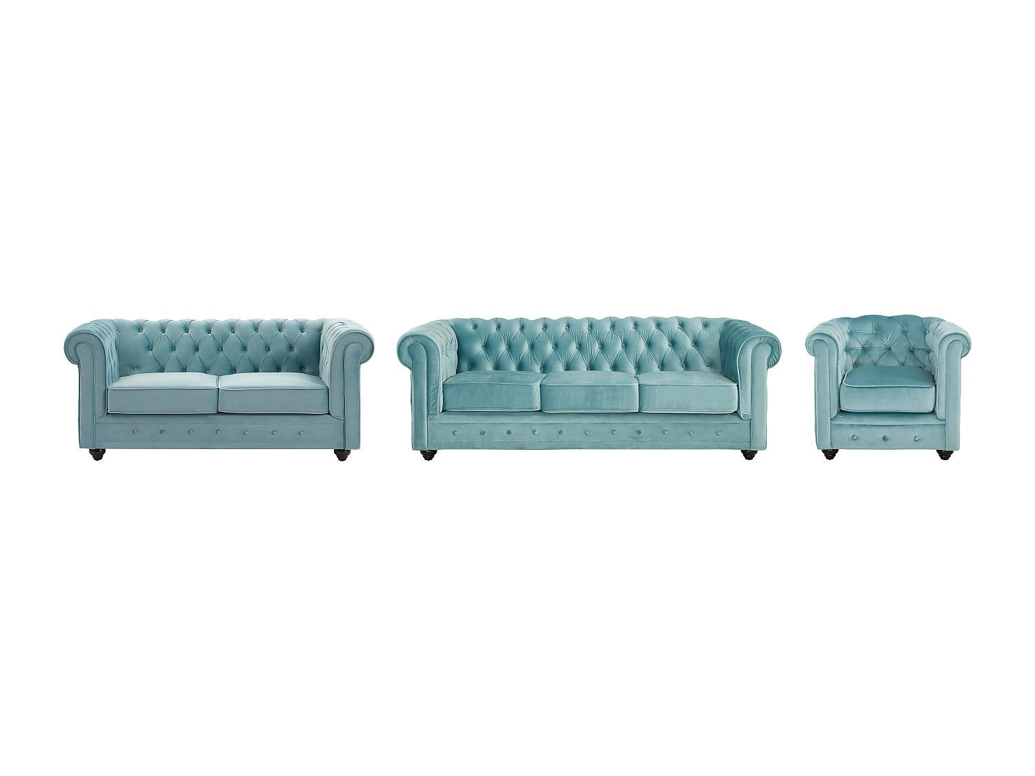 SOFA 3-Sitzer & 2-Sitzer & Sessel - Samt - Pastellblau - CHESTERFIELD - Hellblau, Textil (88/72/205cm) - Vente-Unique