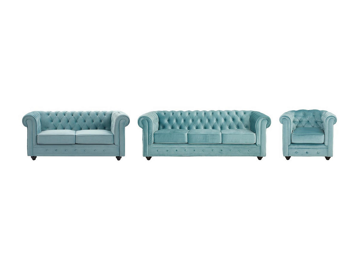 SOFA 3-Sitzer & 2-Sitzer & Sessel - Samt - Pastellblau - CHESTERFIELD - Hellblau, Textil (88/72/205cm) - Vente-Unique