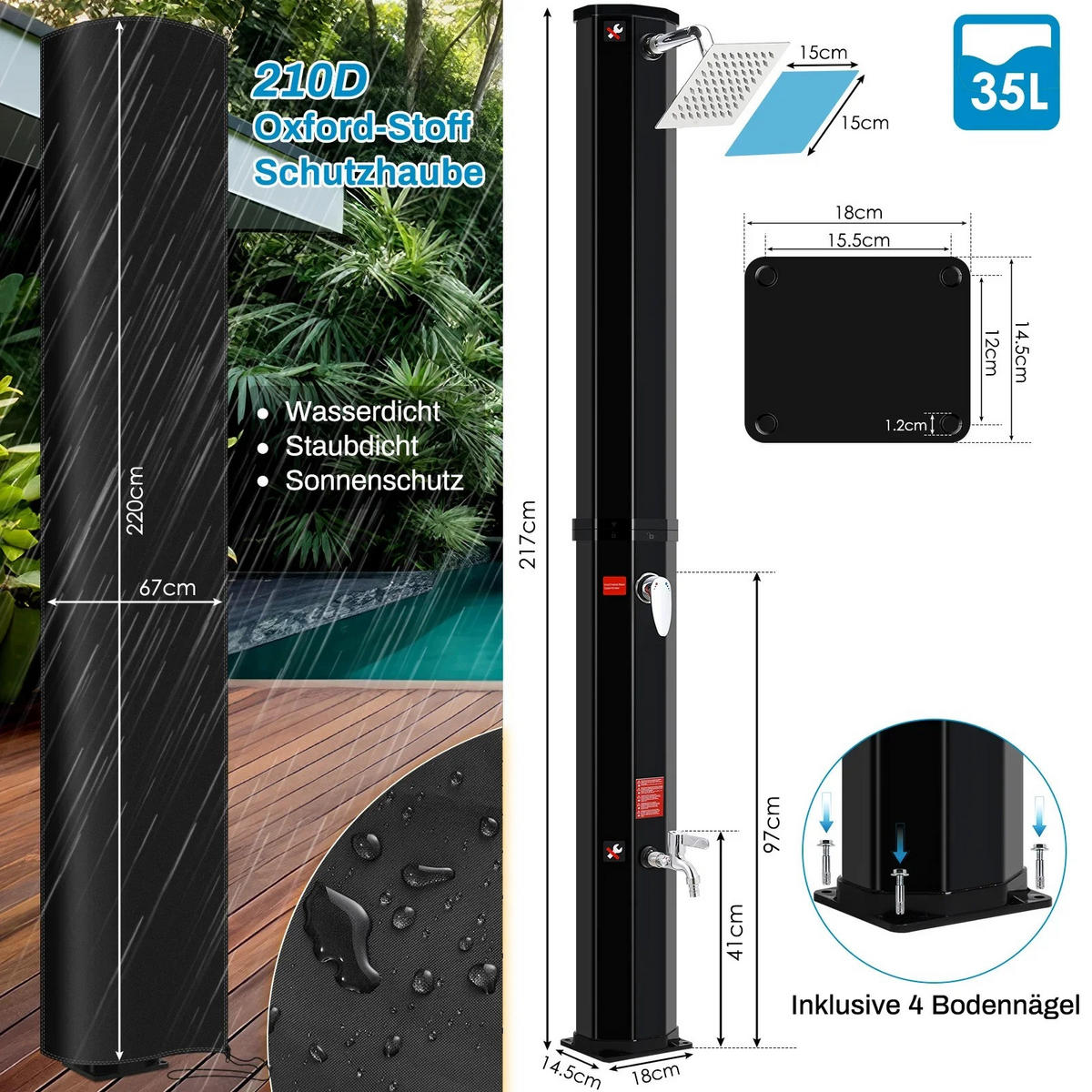 SOLARDUSCHE mit Duschkopf, 35L Kalten Heißer Schwarz für Garten Strand Pool - Schwarz, Kunststoff (18/217/14.5cm) - Kaket