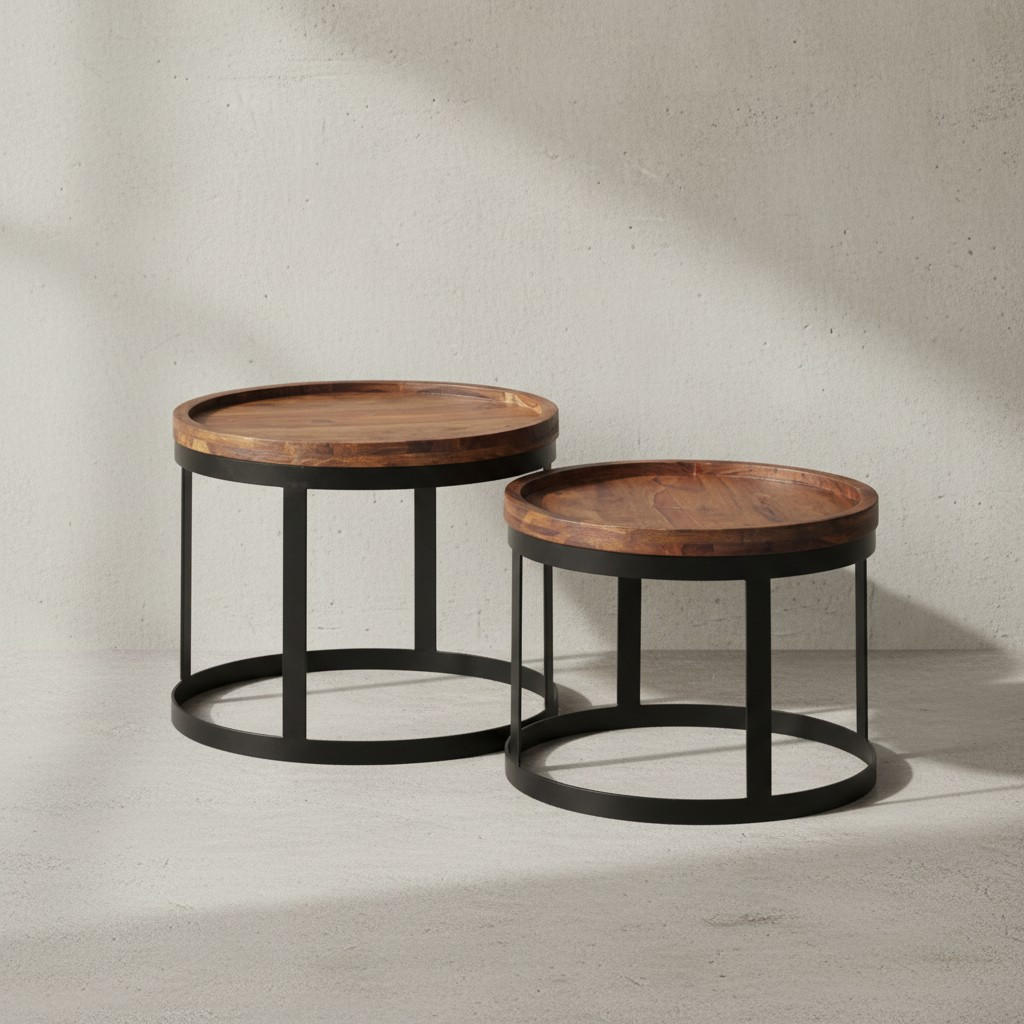BEISTELLTISCH 2er Set Massivholz Metallgestell Rund Natur INDI, Braun 53x53x45 cm - Schwarz/Braun, Holz/Metall (53/53/45cm) - KADIMA DESIGN
