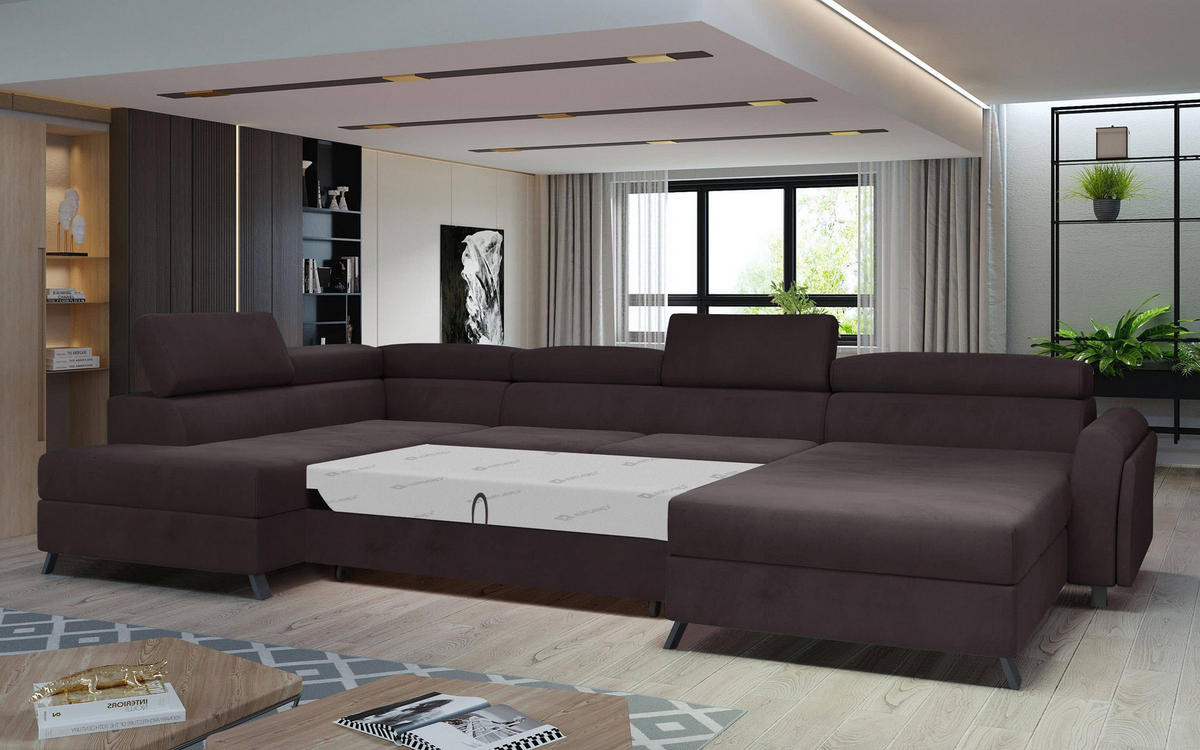 WOHNLANDSCHAFT mit Schlaffunktion und Bettkasten - Dunkelbraun/Schwarz, Textil/Metall (370/98/200cm) - Eltap