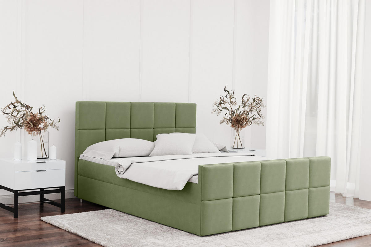 BOXBETT mit Bettkasten und Matratze Topper HANA Stoff Matt Velvet Hellgrün 200x200 cm H2-Pocket - Hellgrün, Holz/Textil (200/200cm) - Kaiser Möbel