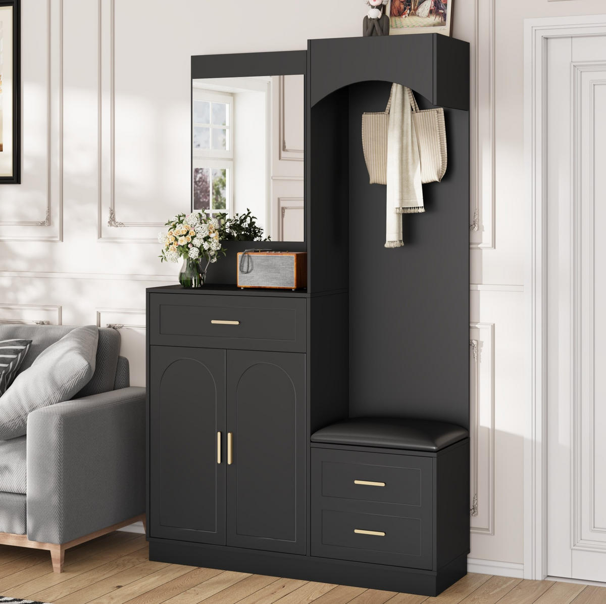 DIELENGARDEROBE 110/33/185,5 cm in Schwarz mit Spiegel und Schuhablage - Schwarz, Holzwerkstoff (110/185.5/33cm) - BEAOK