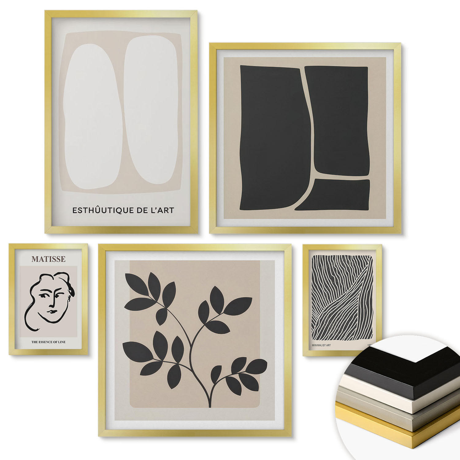WANDBILDER 5er Set - 50x50 cm & 20x30 cm & 40x60 cm Goldrahmen - Minimalistische Pflanzenmuster - Goldfarben, Kunststoff (40/60cm) - ArtPrintCave