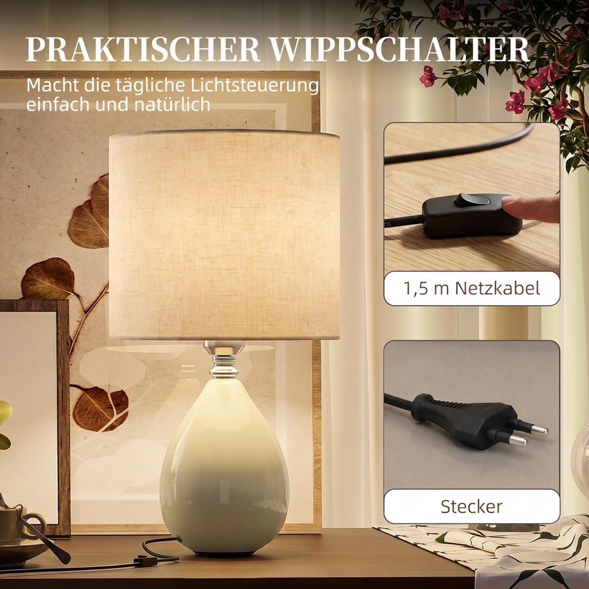 TISCHLAMPE Keramik Leinen Cremeweiß - Creme, Keramik (22/22/35cm) - HOMCOM