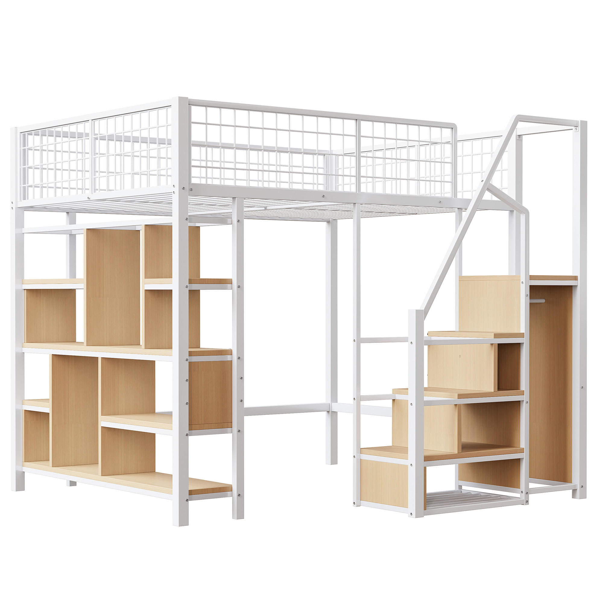 HOCHBETT aus Metall & Holz 140x200 cm in Weiß mit Stauraumtreppe - Weiß, Holzwerkstoff (140/200cm) - Modfu