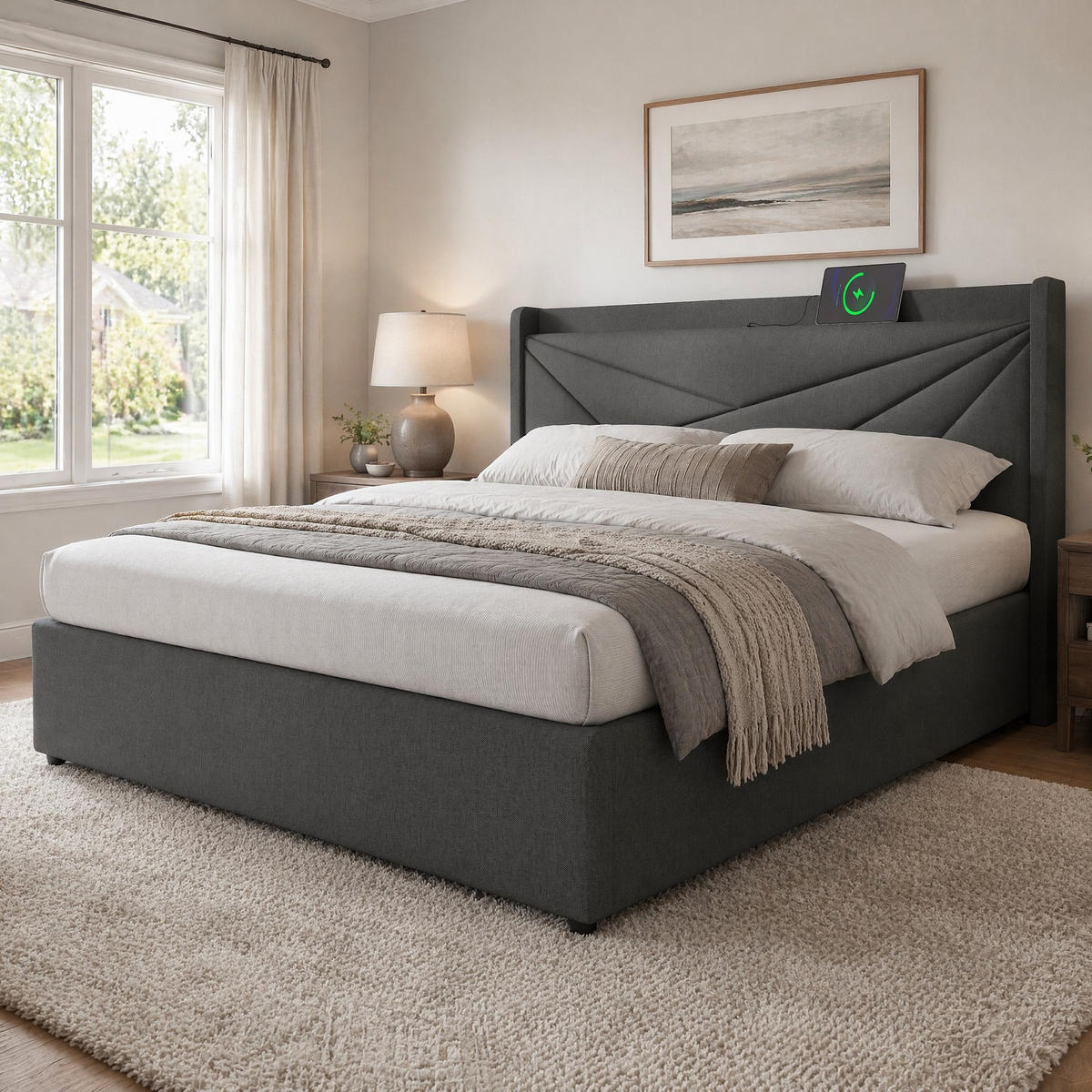 POLSTERBETT 140/200 mit Bettkasten, USB und Type-C in Grau - Grau, Holzwerkstoff/Textil (140/200cm) - EVRYAE