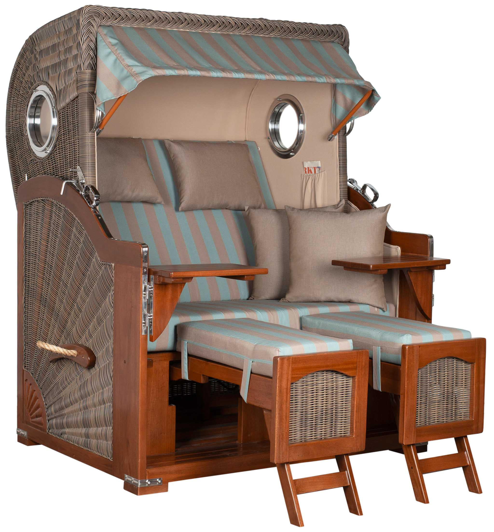 STRANDKORB 2-Sitzer Düne Mahagoni 520 - Türkis/Blaugrau, Holz (125/170/80cm) - Mr. Deko