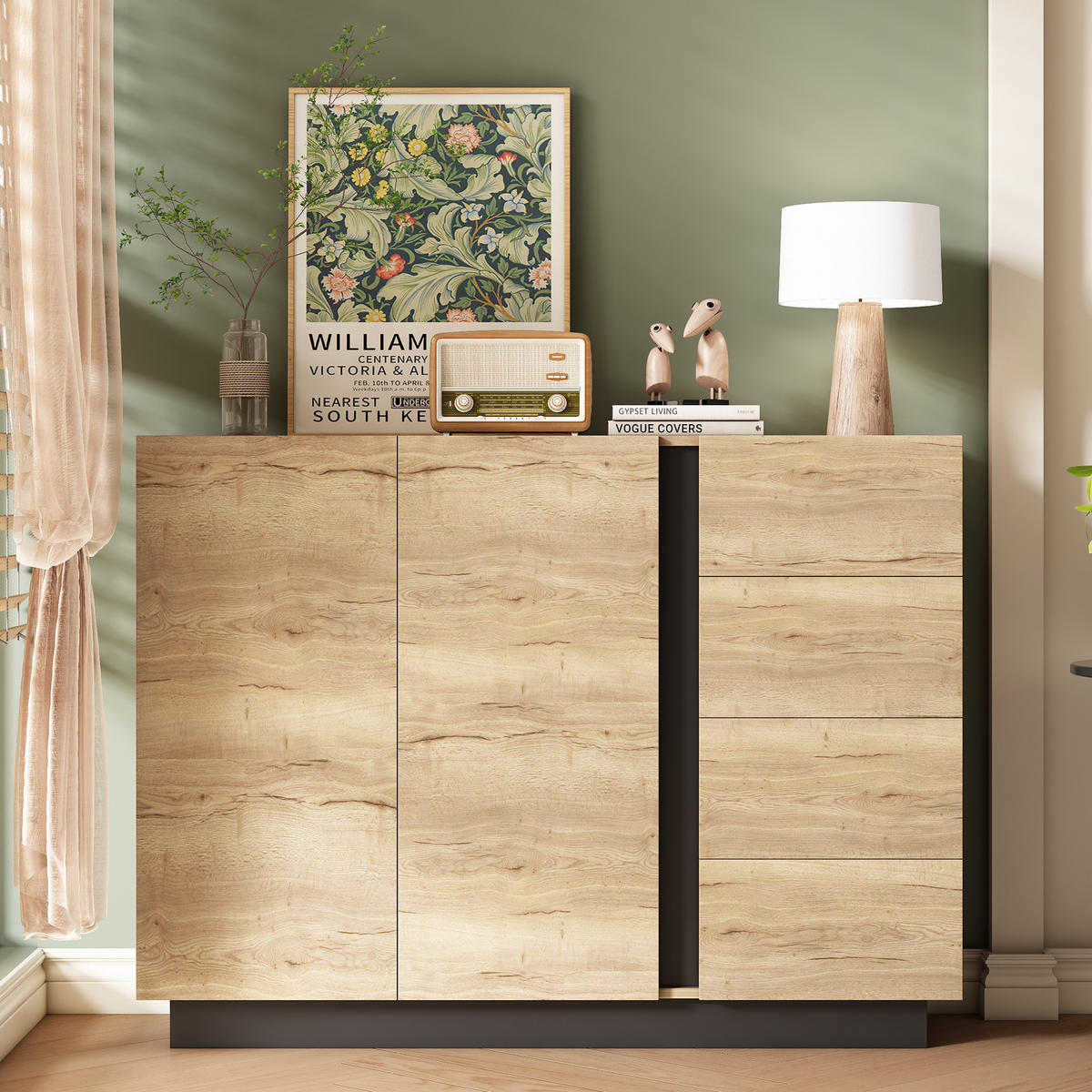 KOMMODE Sideboard 2 Türen Schwarz Natur 110x35.5x90.5cm - Multicolor, Holzwerkstoff (35.5/90.5/110cm) - FLIEKS