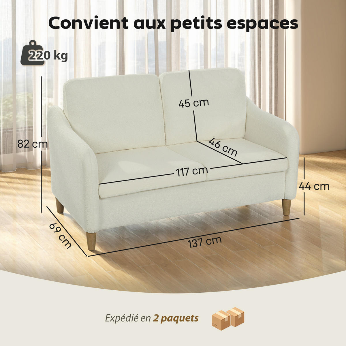 SOFA, 2-Sitzer, Bouclé-Stoff, Kissen, cremefarben, 137x69x82cm - Multicolor, Holzwerkstoff (137/82/69cm) - FORIOUS