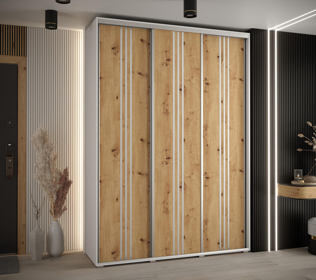 SCHWEBETÜRENSCHRANK 235,2/180/45 3-türig - Silberfarben/Eiche Artisan, Holz/Metall (180/235/45cm) - Abiks Möbel