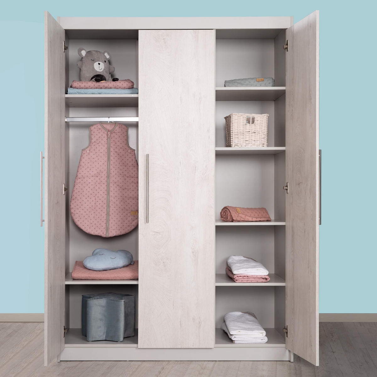 BABYZIMMER-SET Maren 2, mit breiter Wickelkommode, 3-teilig - Hellgrau, Holzwerkstoff (76/80/142cm) - Roba