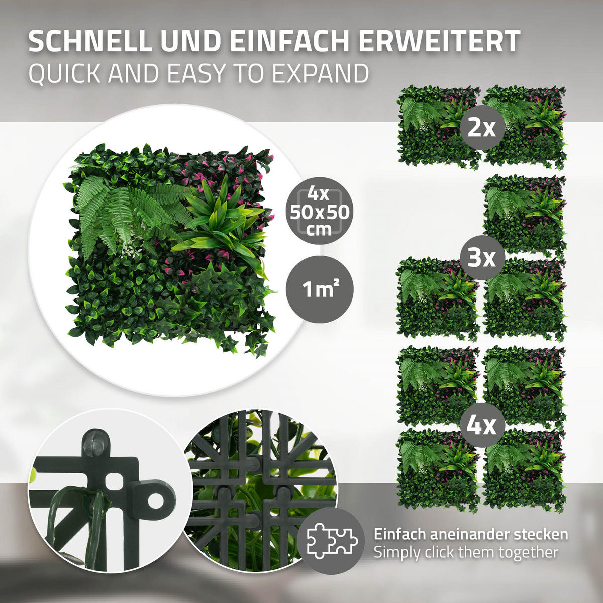 KÜNSTLICHE PFLANZENWAND 4er Set 50x50 cm Kunstpflanzen Wand Innen Aussen Grün Jungle Fern - Waldgrün/Pink, Kunststoff (50/50/10cm) - ECD-Germany
