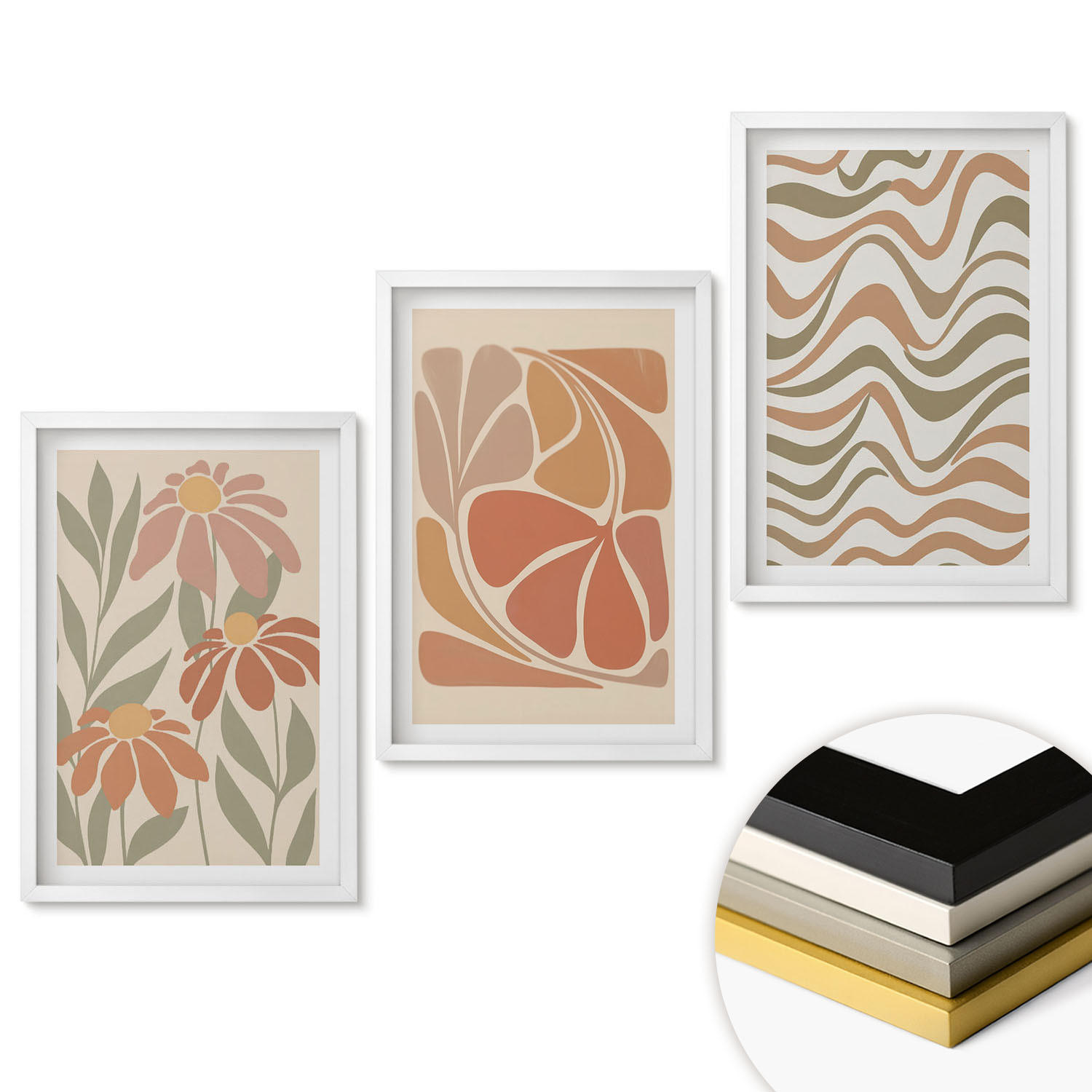 WANDBILDER 3er-Set - 40x60 cm Weißer Rahmen - Abstrakte Pastellblumen - Weiß, Kunststoff (40/60cm) - ArtPrintCave