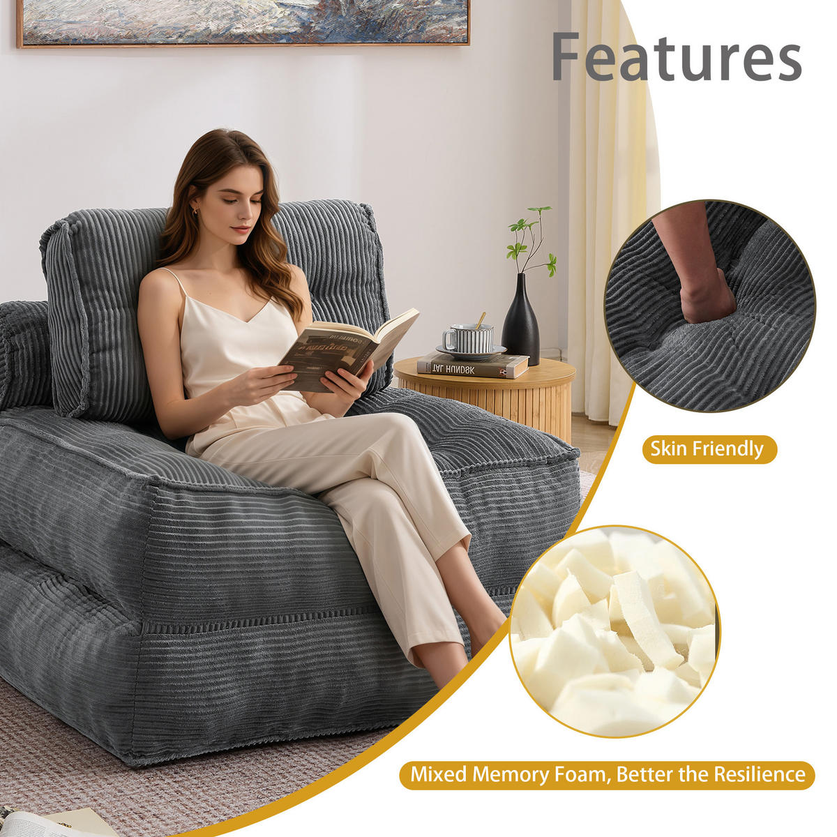 SCHLAFSESSEL 2-in-1 aus weichem Cord, klappbar als Loungesessel und Gästebett - Dunkelgrau, Kunststoff (85/85/85cm) - Urban Meuble